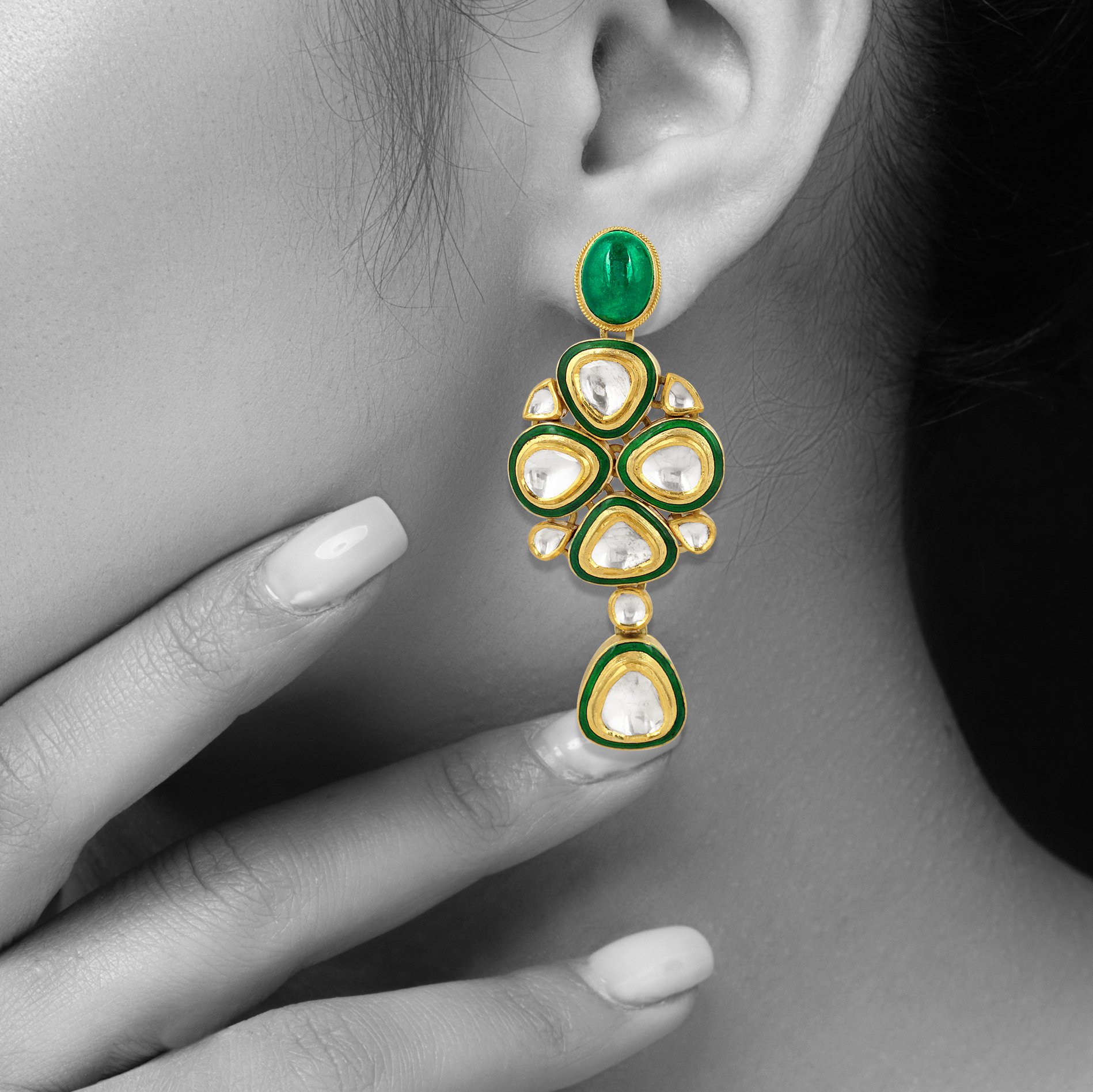 Emerald Cabochon Earrings with Polki and Green Meena Borders